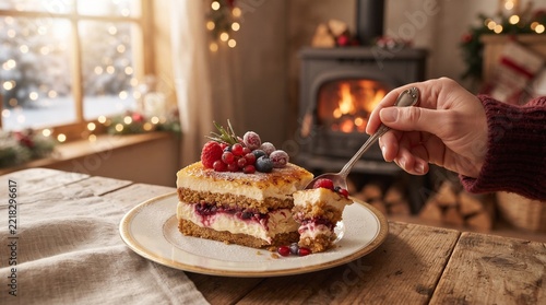 A delectable slice of festive cheesecake, adorned with fresh berries and rosemary, is being savored by a hand holding a spoon in a cozy, fire-lit cabin setting.