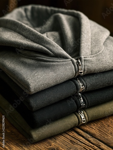 Four hoodies in heather grey, charcoal, black, and olive are neatly stacked. The zippers are visible, and the fabric has a heavyweight texture.