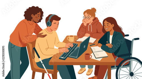 Inclusive team working together around a table representing workplace diversity and collaboration among colleagues with various abilities.