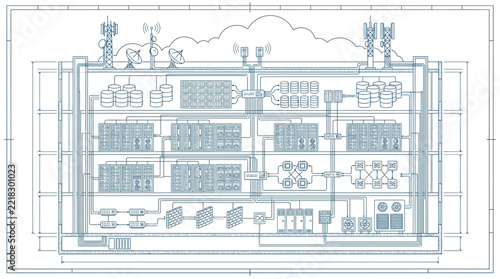 Detailed architectural blueprint outlining complex server systems and data center network architecture.