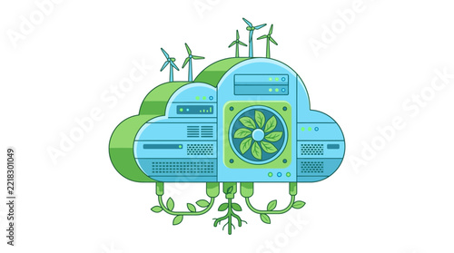 Eco friendly cloud server infrastructure powered by green energy and wind turbines representing sustainable digital technology concepts.