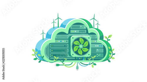 Green cloud computing infrastructure powered by renewable energy sources and sustainable data servers.
