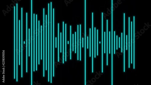 Glowing blue digital audio waveform moving on a black background for