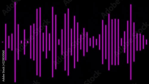 Purple neon sound wave equalizer pulsating on black background for