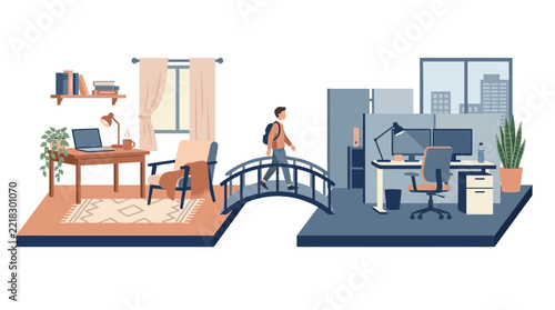 Commuter walking across a bridge connecting a cozy home environment to a corporate office workspace.