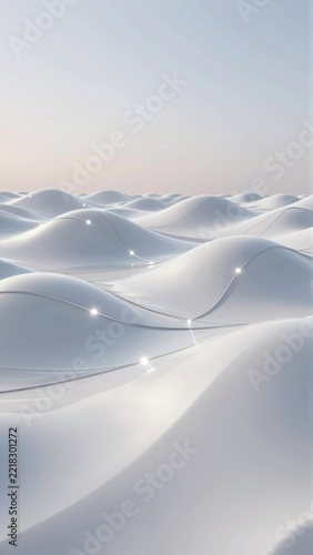 abstract landscape vast expanse white sand dunes sky pale blue few wispy clouds scattered across dunes arranged wave like pattern creating sense depth movement overall mood peaceful serene has dreamy