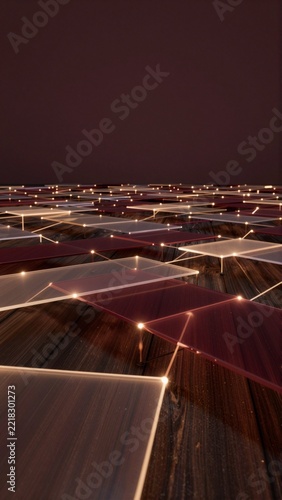 abstract photograph long exposure shot wooden floor night floor multiple rectangular tiles arranged grid like pattern creating sense depth dimension tiles different shades red white being brighter