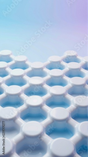 close grid small circular objects arranged honeycomb like pattern objects white appear plastic similar material background gradient light blue purple creating gradient effect has soft dreamy quality