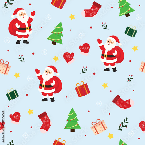 Festive Christmas seamless pattern with Santa Claus, Christmas trees, gifts, stockings light. Perfect for holiday wrapping paper, textiles, stationery and seasonal designs.