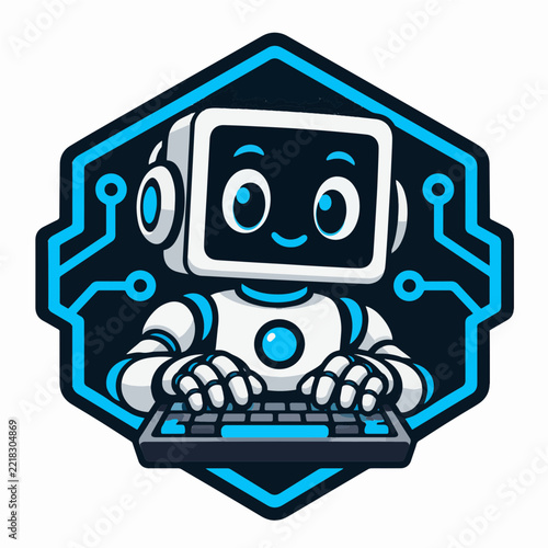 Cheerful robot coder typing on a keyboard inside a hexagonal circuit badge with bright cyan accents and bold dark outlines on a white background for programming clubs and technology brand identity