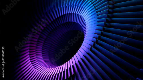 Abstract futuristic blue and purple metallic turbine structure with glowing light. Modern technology background for digital art.