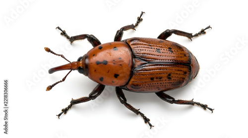 Red palm weevil reddish brown black spots long curved snout black hairy legs black eyes, crawling on clean white minimalist floor, top view detailed hard striped wings soft shadow
