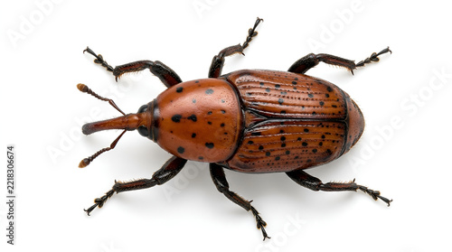 Red palm weevil reddish brown black spots long curved snout black hairy legs black eyes, crawling on clean white minimalist floor, top view detailed hard striped wings soft shadow