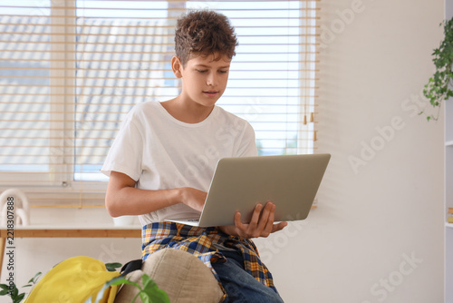 Homeschooling and remote learning, teenage boy using laptop for online educat...