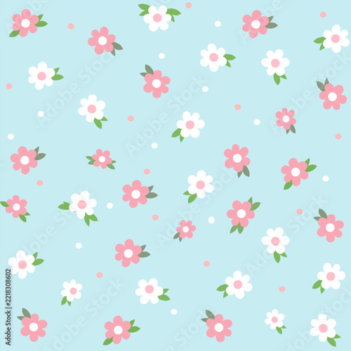 Cute Pink and White Flower Seamless Pattern on Pastel Blue Background