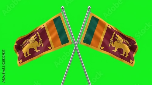 Two waving Sri Lanka flags crossed on a green screen chroma key background animation loop   