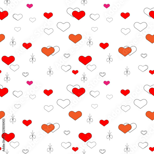 Colorful heart seamless pattern background with red, orange hearts and abstract line floral elements for Valentine, wedding, wrapping paper and fabric printing. vector illustration 