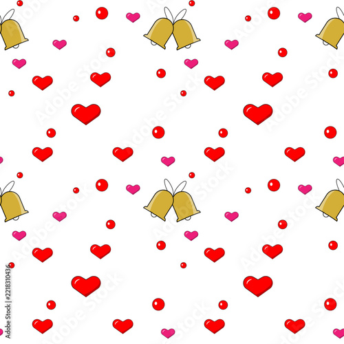 Golden wedding bells and red heart seamless pattern background for Valentine , celebration, greeting cards and wrapping paper. vector illustration