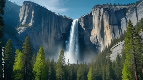 Yosemite falls flowing down massive granite cliffs in mountain valley