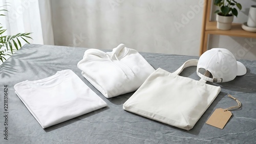 Set of blank white apparel including folded t-shirt, hoodie, canvas tote bag, and baseball cap with a brown paper tag on a gray stone surface, ideal for fashion branding and merchandise mockups.