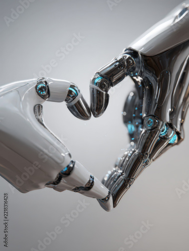 Close-up of two elegant futuristic robotic hands gently forming a heart shape at the center