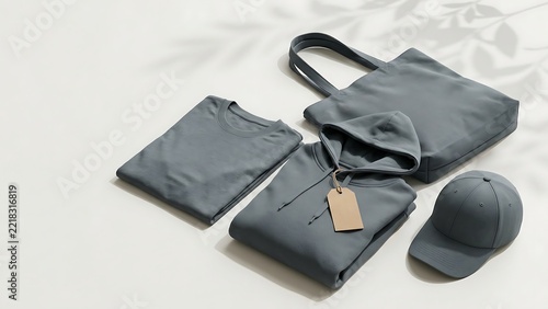 Premium blank grey apparel and merchandise mockup set including t-shirt, hoodie, tote bag, and baseball cap with paper tag on a clean white background with elegant plant leaf shadows for branding.