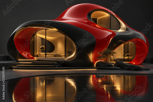 Sleek futuristic red-black organic villa with glossy curves, warm golden interiors, steps, rocks, and a mirror-like pool