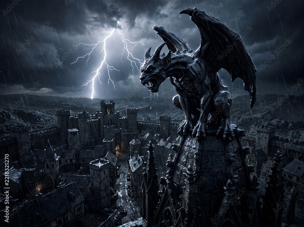 Obraz premium Stone gargoyle perched upon a gothic cathedral roof overlooking a medieval city during a dark rainstorm with lightning striking the horizon under clouds creating a powerful atmosphere of mystery