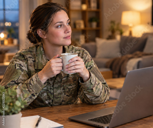Thoughtful Female Soldier in Camouflage Uniform Holding a Coffee Mug and Looking at Laptop at Home in the Evening. Concept of Military Life, Reflection, Homesickness, and Long-Distance Connection