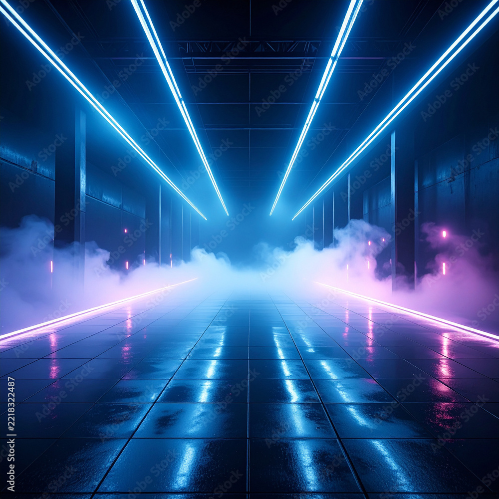 Fototapeta premium A futuristic dark tunnel with glowing blue neon lights and misty fog. This atmospheric, modern scifi interior evokes a sense of mystery and depth. No people, perfect for tech backgrounds.
