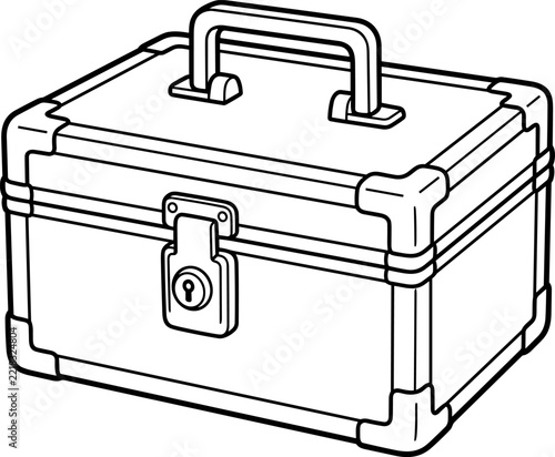 Small lockbox-style safe often used for securing documents or small valuables, black and white coloring page outline