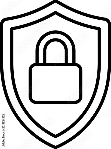 Shield with padlock icon, black and white coloring page outline