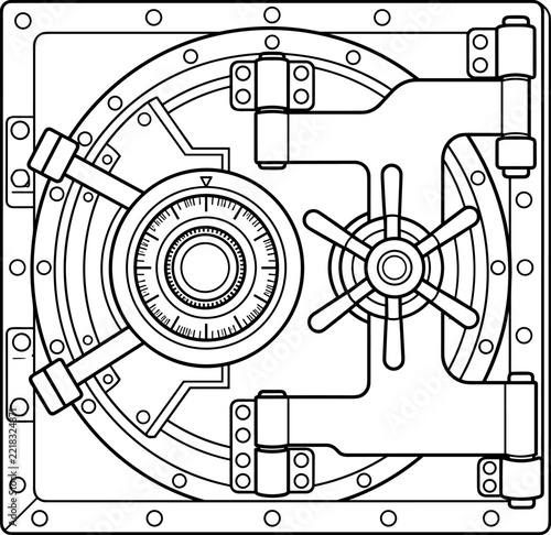 Vault door shown from the front, black and white coloring page outline
