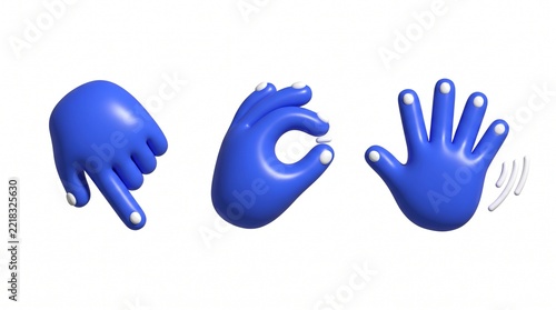 Set of three blue 3d cartoon hands showing pointing ok and waving gestures for communication and user interface design