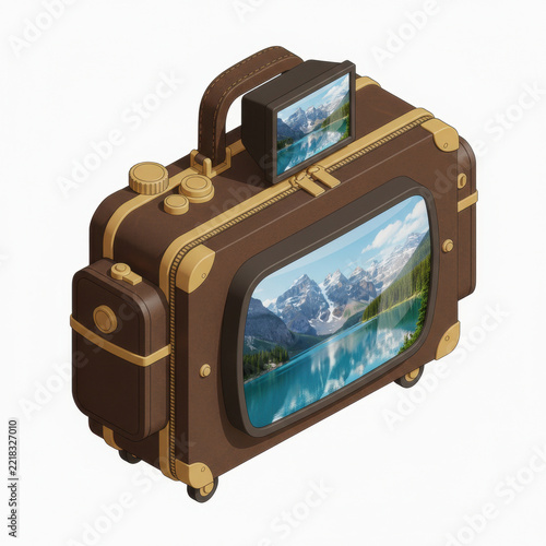 Vintage suitcase with scenic mountain landscape display for summer travel, featuring brown leather design, golden hardware, handle, wheels, and colorful alpine lake imagery in creative concept