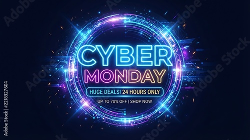 Cyber monday sale banner with glowing blue neon light circle frame
