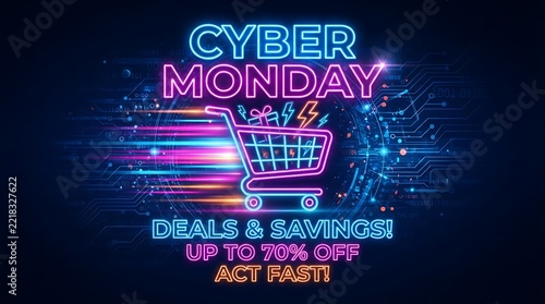 Neon cyber monday shopping cart sale sign with discount offer