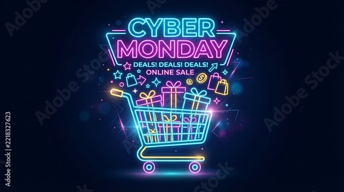 Cyber monday neon sign with shopping cart and gift boxes for online sale