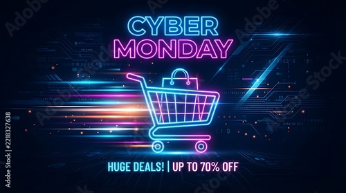 Cyber monday neon sign with shopping cart and fast motion light effect