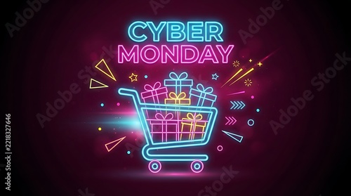 Cyber monday neon sign with shopping cart and gift boxes