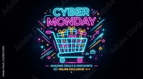 Cyber monday neon sign with shopping cart and gift boxes for sale event