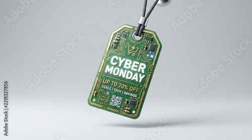 Cyber monday sale tag with circuit board design and tech discount offer