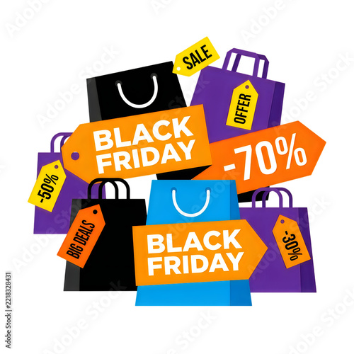 Black friday shopping sale with colorful bags and discounts