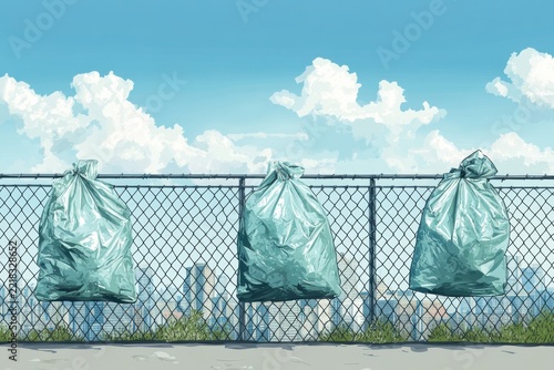 Plastic Bags Caught on Urban Fence Under Cloudy Sky