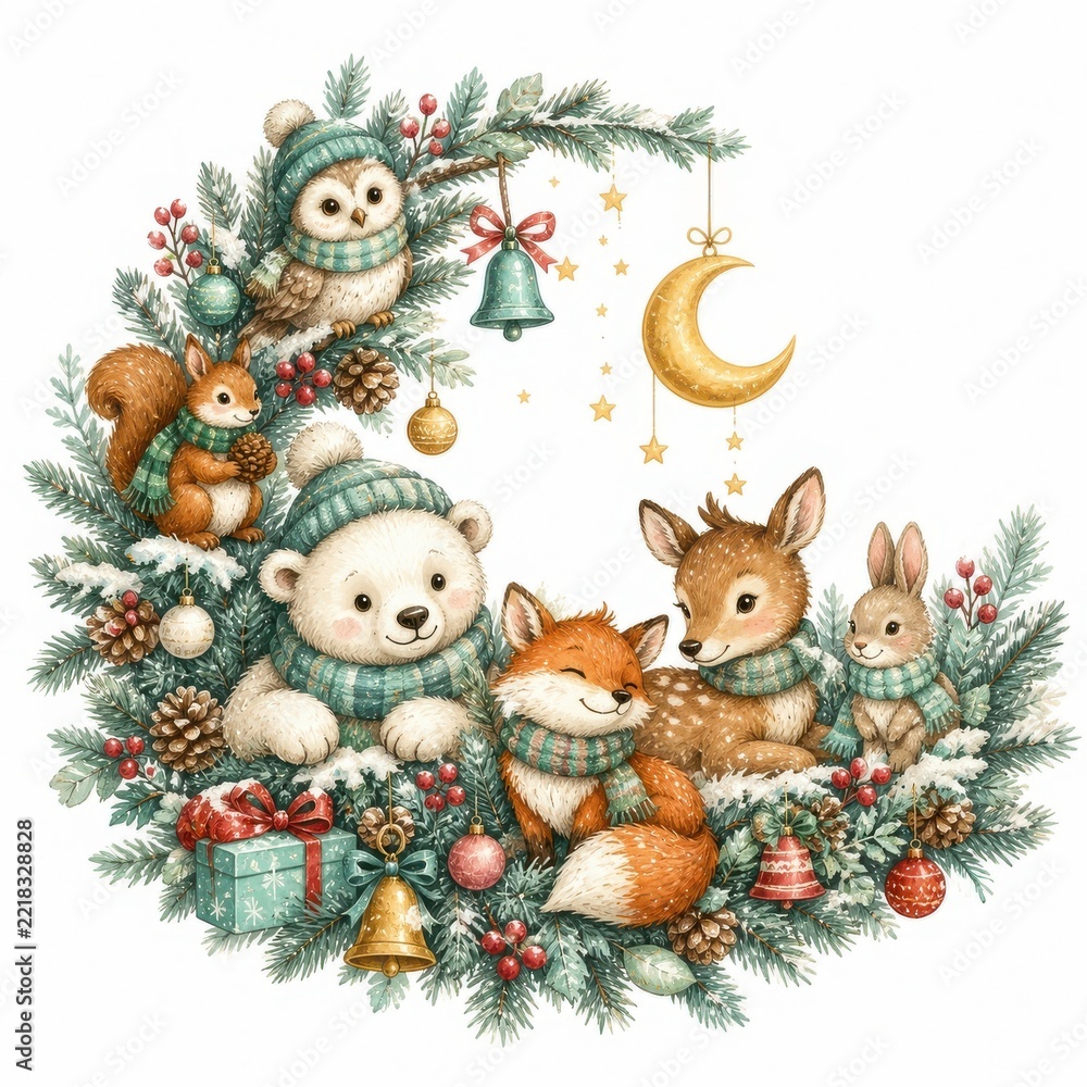 Fototapeta premium Cute winter woodland animals in festive Christmas wreath