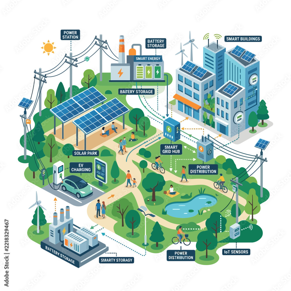 Fototapeta premium Sustainable Smart City Energy Grid with Renewable Power Infrastructure and Battery Storage