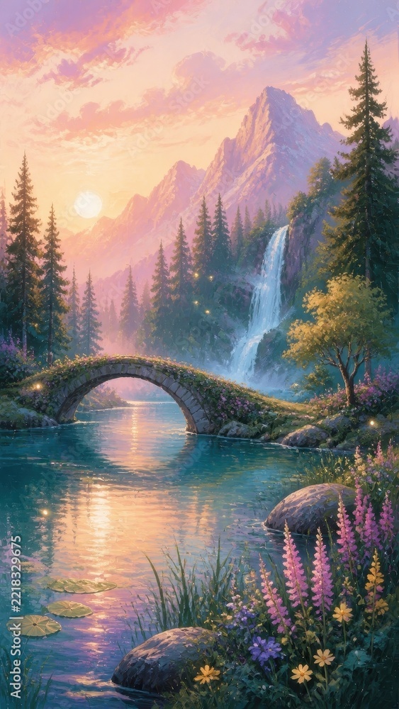 Fototapeta premium Pastel fantasy mountain lake and waterfall mobile wallpaper