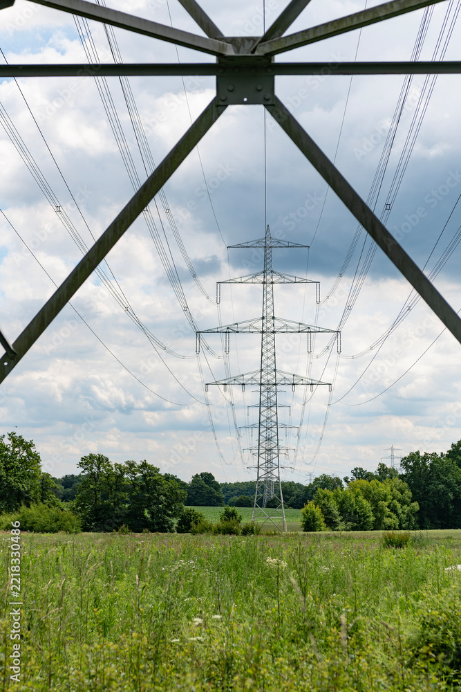 Fototapeta premium Electricity power lines in nature landscape. Green nature energy. Landscape of electric voltage station. High voltage. Electricity pylon. Nature summer environment. Electricity tower
