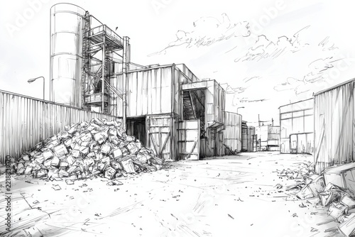 Hand Drawn Sketch of Industrial Factory with Debris Pile