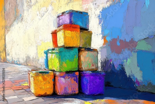 Impressionist Painting of Stacked Colorful Discarded Food Containers on City Sidewalk